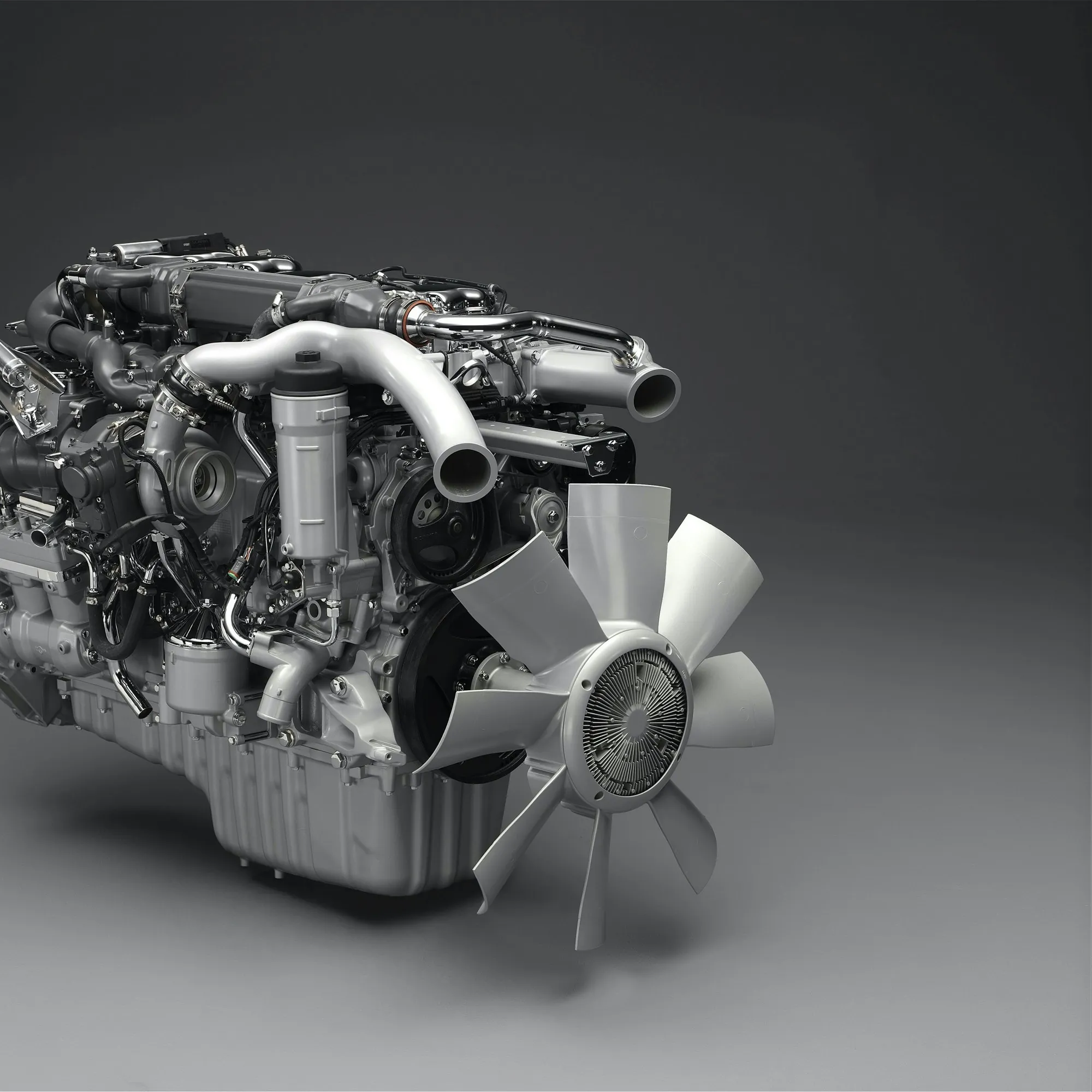 Diesel engine shown from the side with its cooling fan
